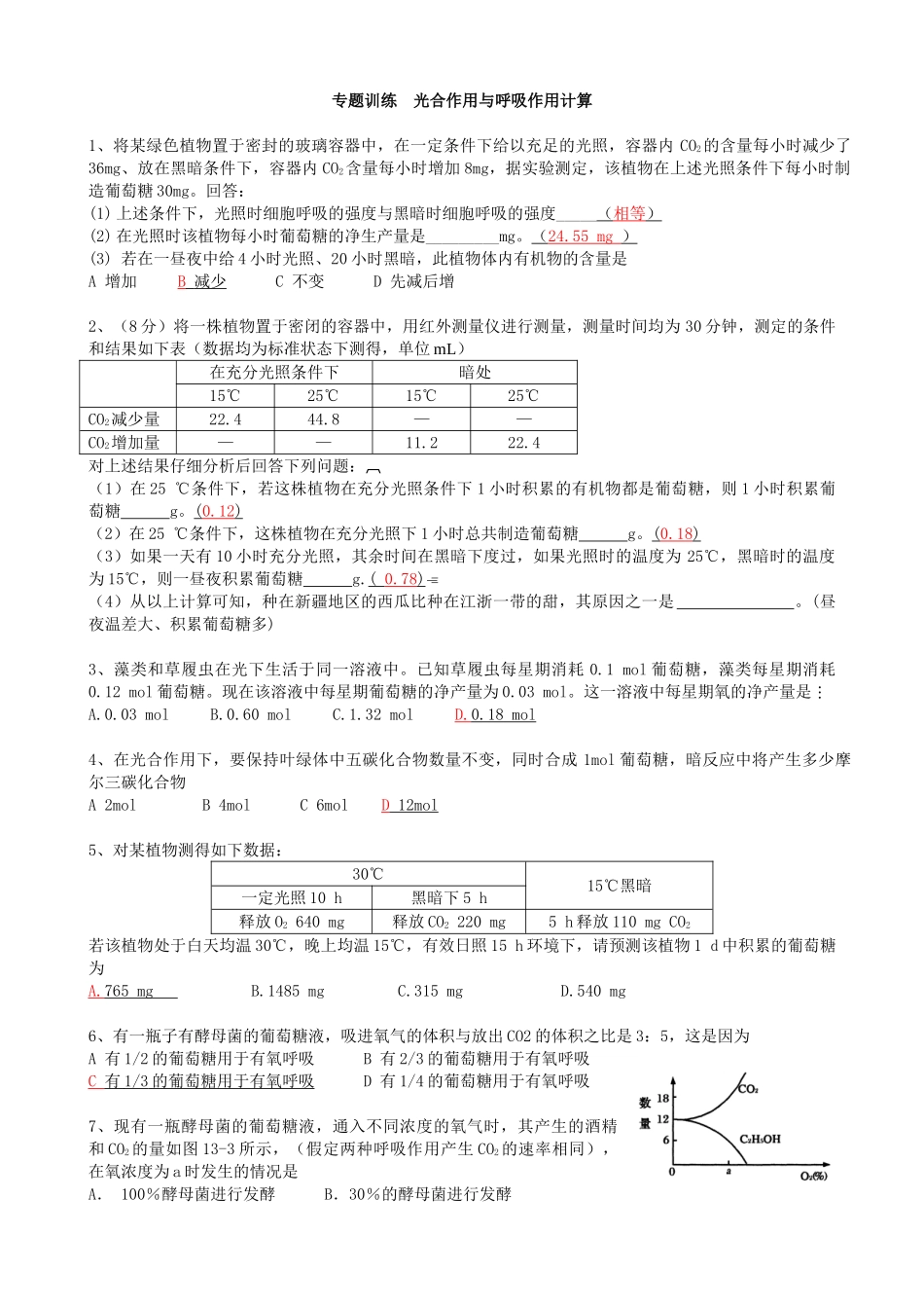专题训练++光合作用与呼吸作用计算_第1页