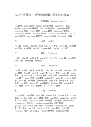三到六年级 词汇分类