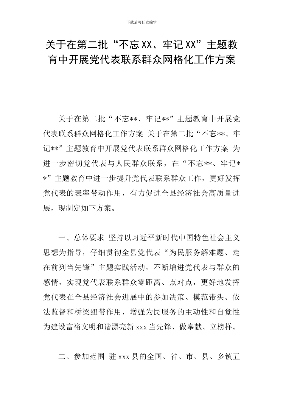 关于在第二批“不忘XX、牢记XX”主题教育中开展党代表联系群众网格化工作方案_第1页