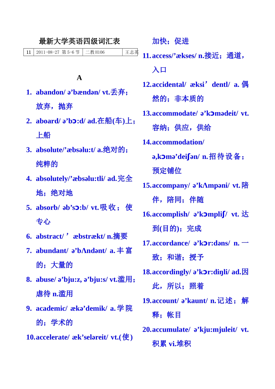 最新大学英语四级词汇表带音标_第1页