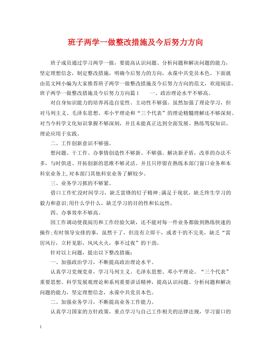 班子两学一做整改措施及今后努力方向 _第1页