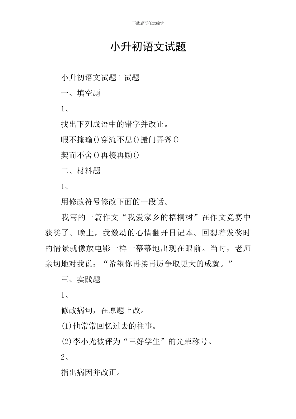 小升初语文试题_第1页