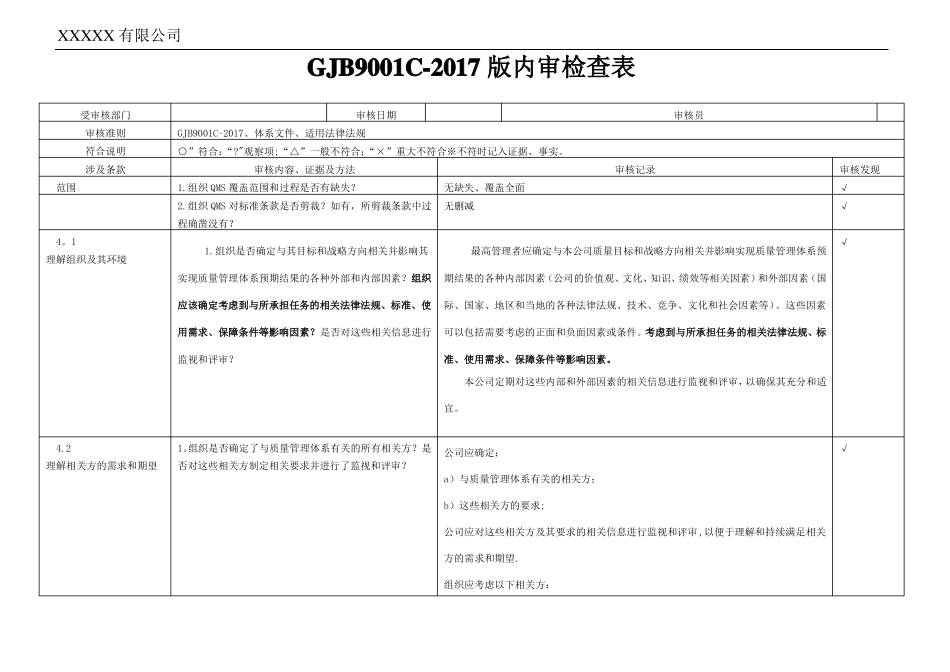 新GJB9001C-2017内审检查表_第1页