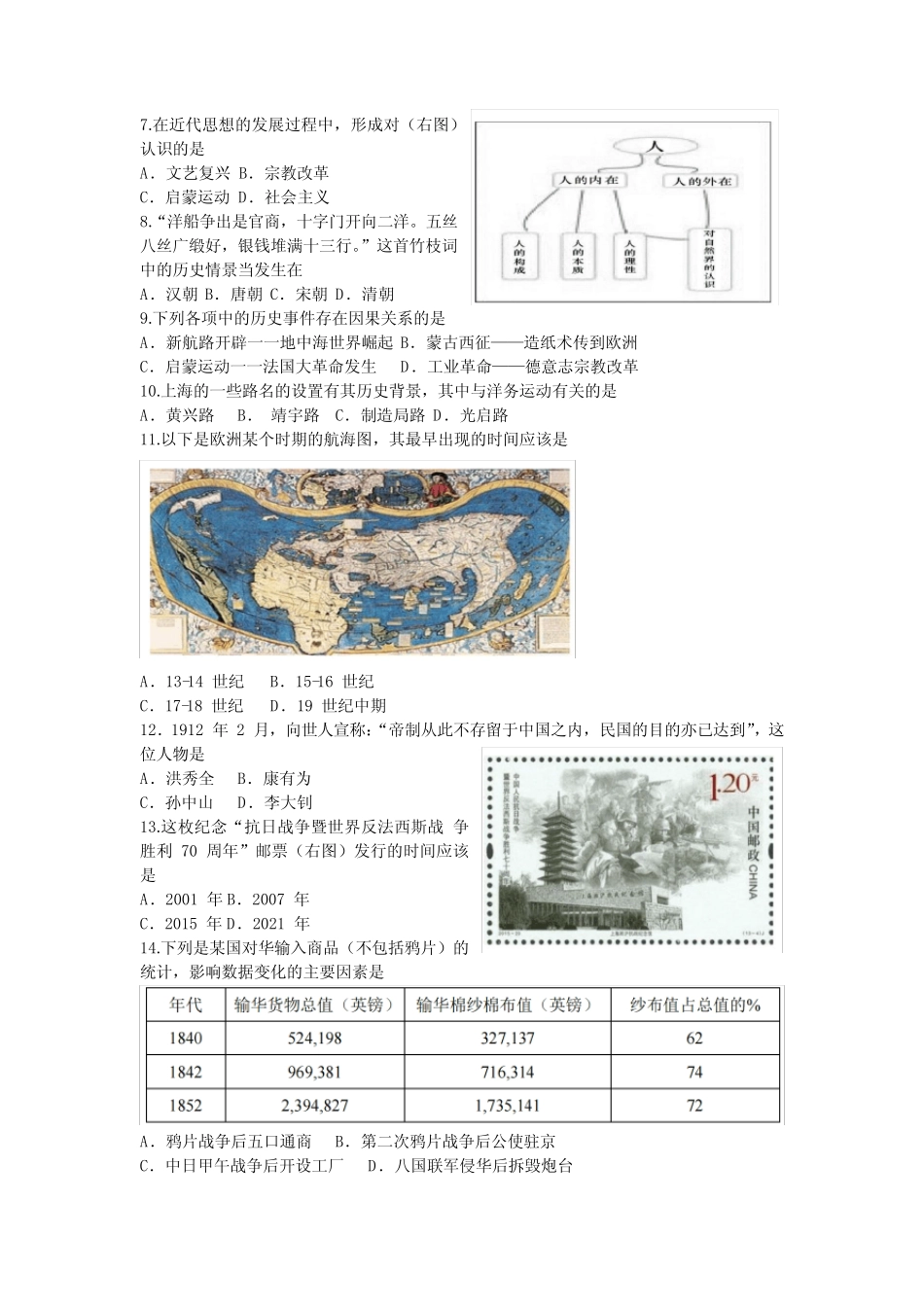 上海市杨浦区2021年高三历史等级考二模卷 带答案 _第2页