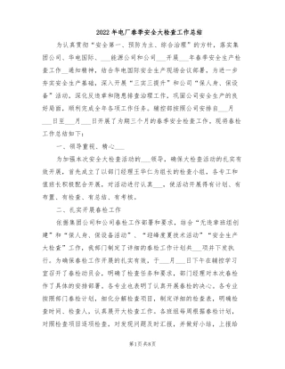 2022年电厂春季安全大检查工作总结