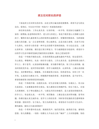 班主任对班长的评语 