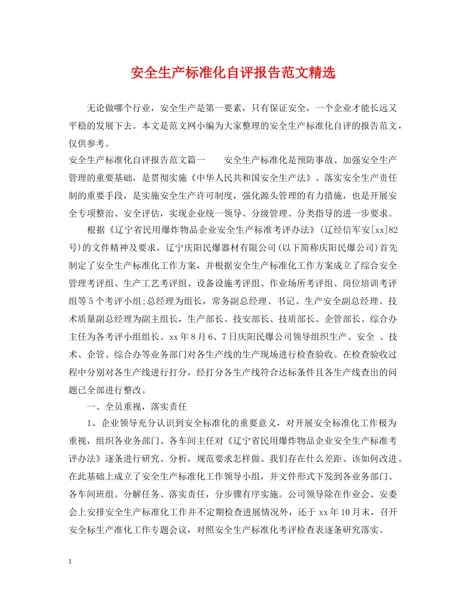 安全生产标准化自评报告范文精选 _第1页
