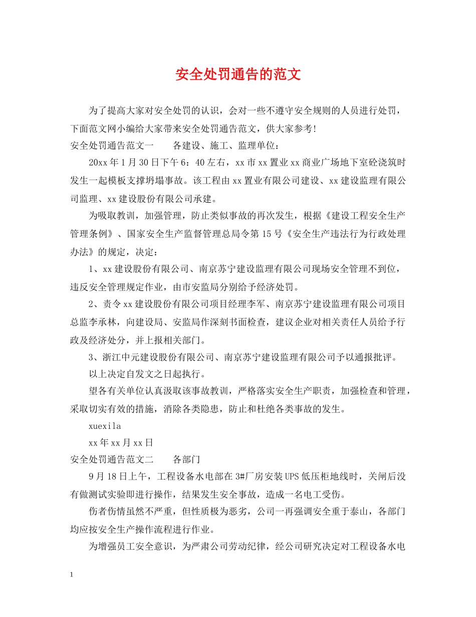 安全处罚通告的范文 _第1页