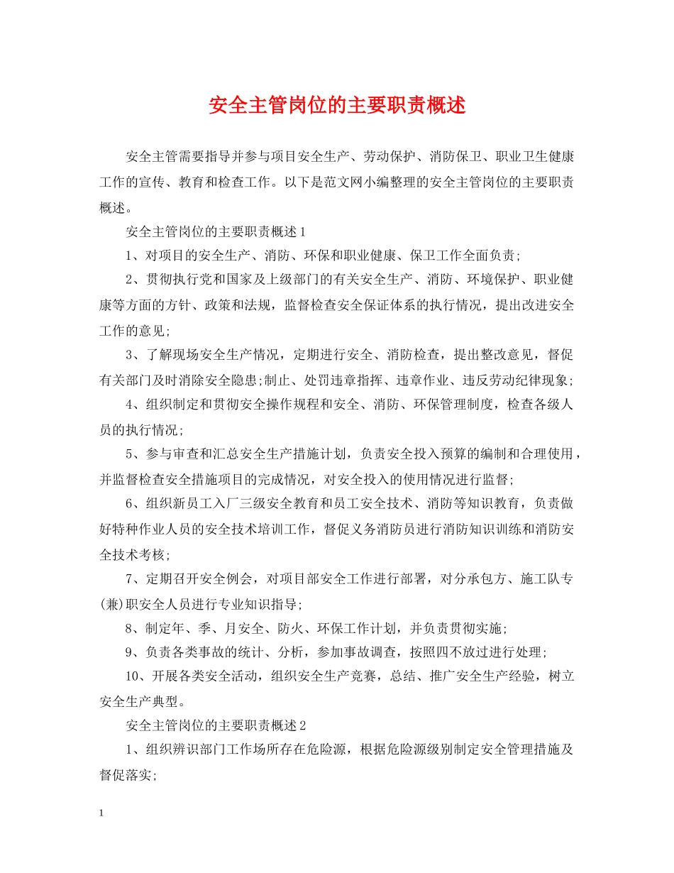 安全主管岗位的主要职责概述 _第1页
