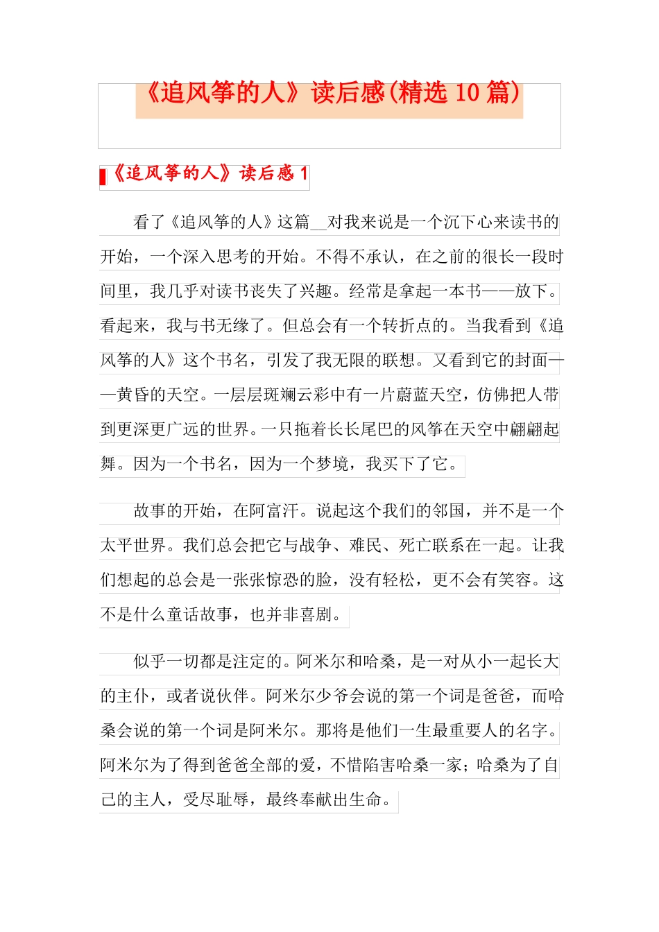 追风筝的人读后感精选10篇_第1页