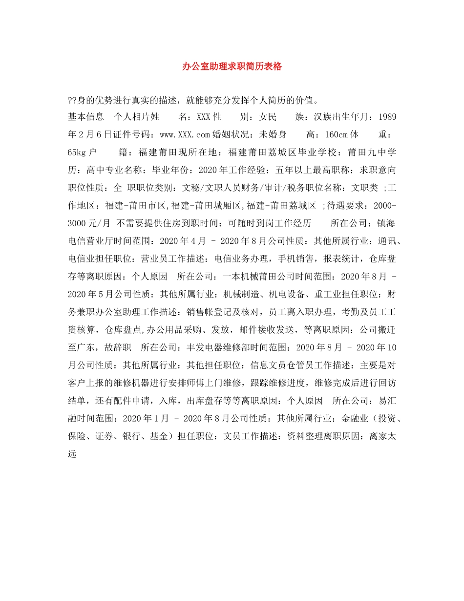 办公室助理求职简历表格_第1页