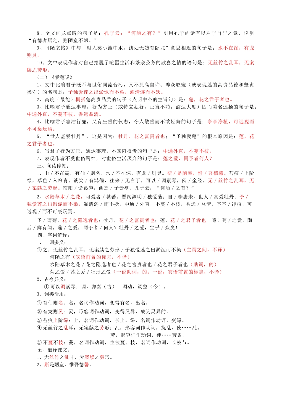 八级语文上册 陋室铭爱莲说复习要点人教新课标版_第2页