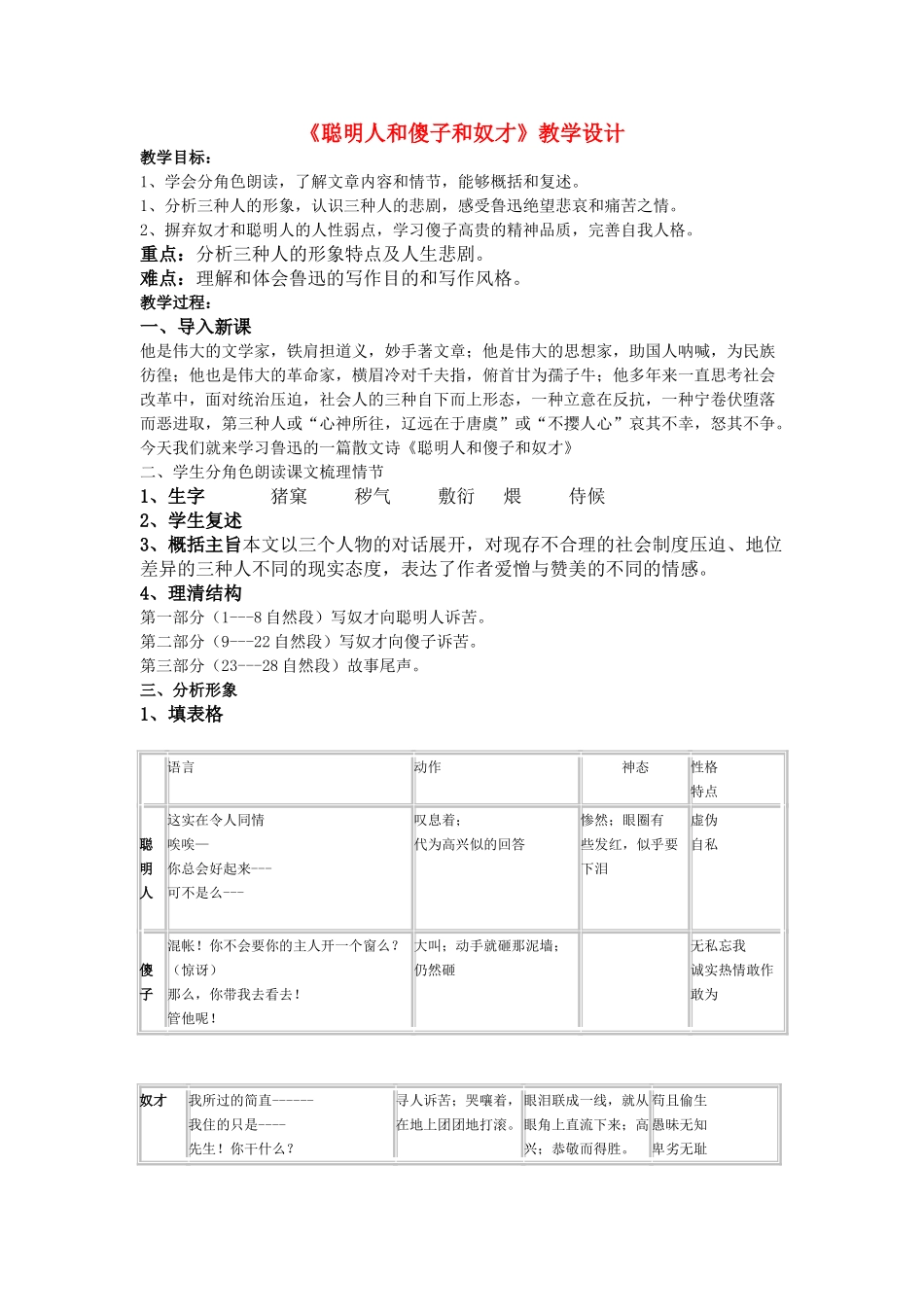 八级语文上册 第25课聪明人和傻子和奴才教学设计 冀教版_第1页