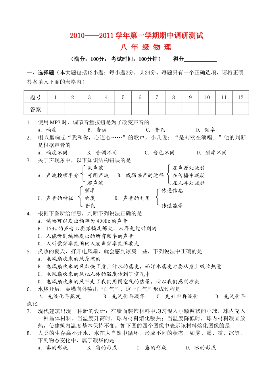 八级物理第一学期期中调研卷 苏科版_第1页