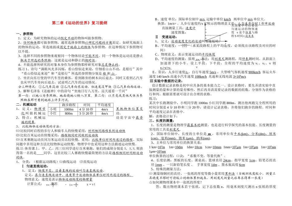 八级物理 第二章运动的世界复习提纲 沪科版_第1页