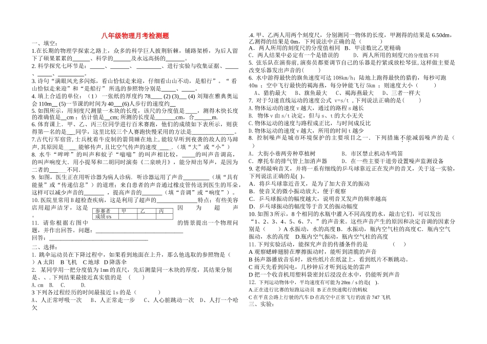 八级物理 月考检测题 沪科版_第1页