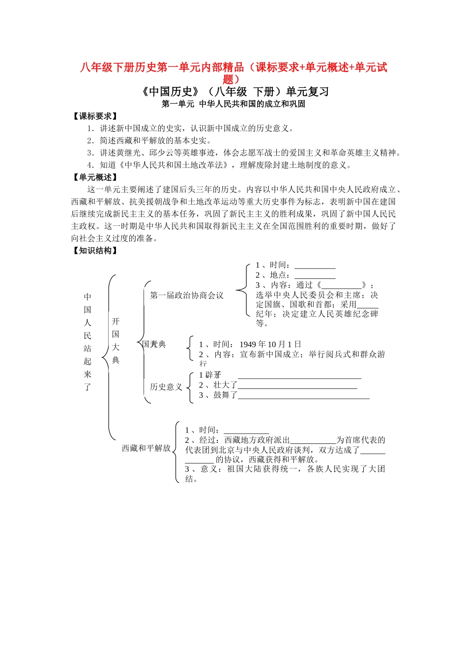 八级历史下册 第一单元中华人民共和国的成立和巩固课标要求+单元概述+单元试题人教新课标版_第1页