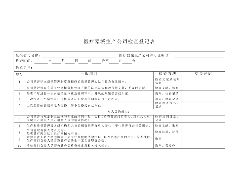 医疗器械生产企业日常检查项目和记录表 _第1页