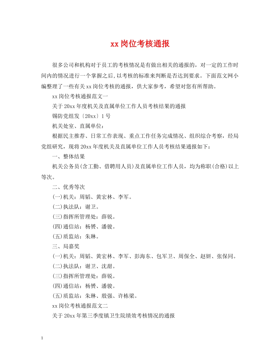 xx岗位考核通报_第1页