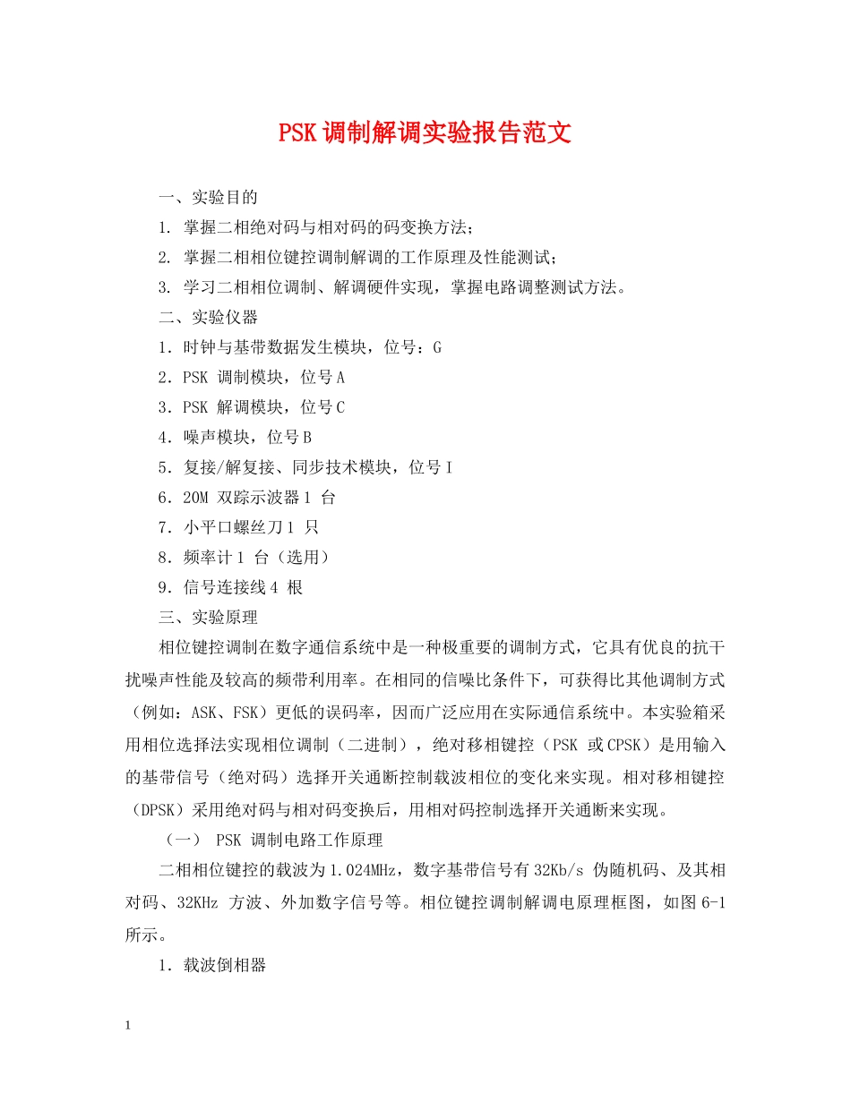PSK调制解调实验报告范文_第1页