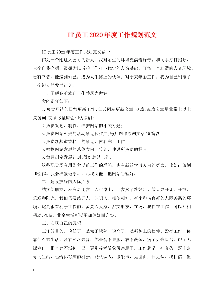 IT员工2024年度工作规划范文_第1页