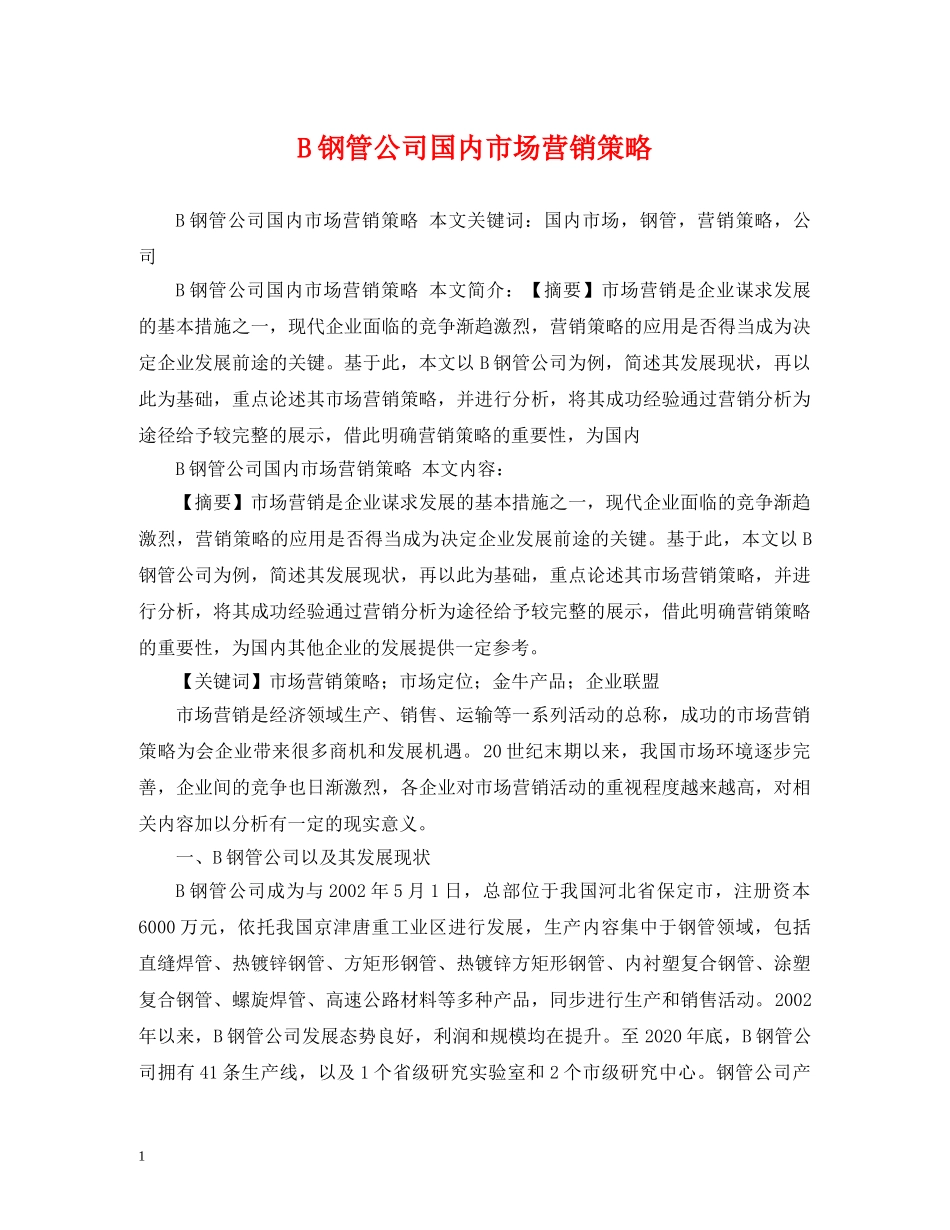 B钢管公司国内市场营销策略_第1页