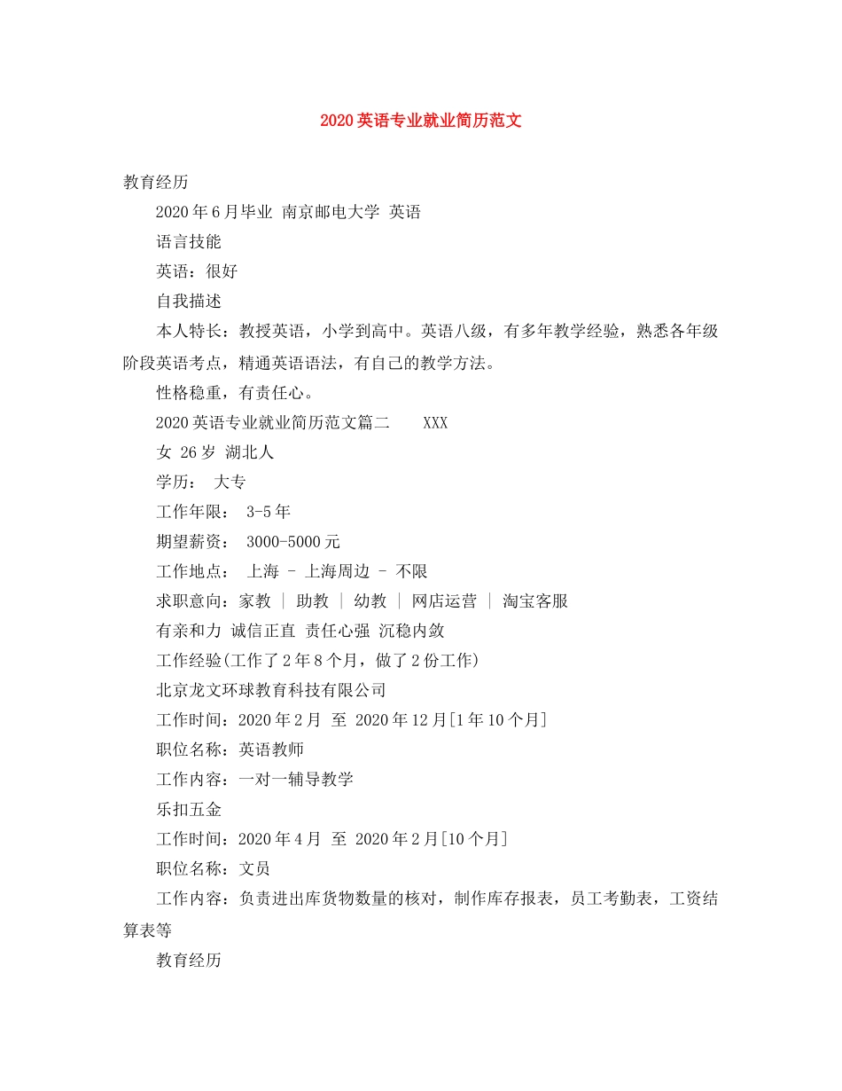 2024英语专业就业简历范文_第1页