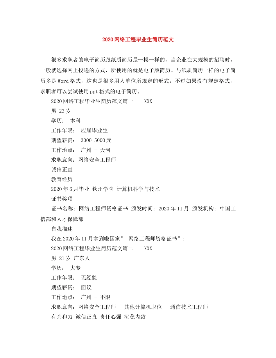 2024网络工程毕业生简历范文_第1页