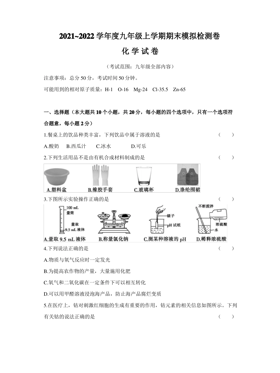 20212022学年人教部编版九年级上学期期末模拟检测卷-化学试卷_第1页