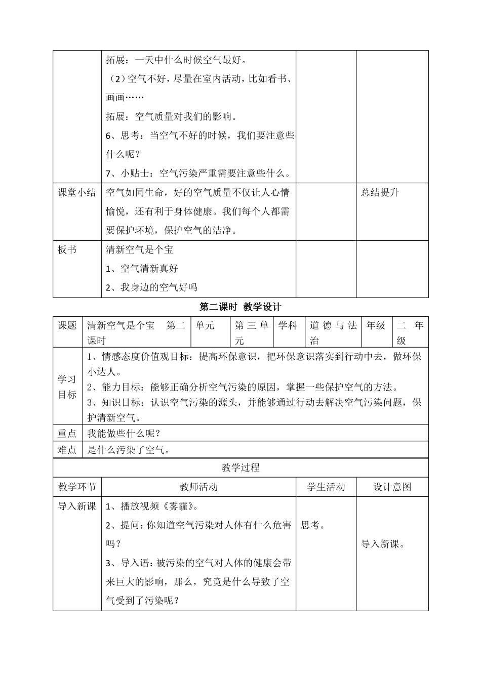 最新2022部编版道德与法治二年级下册清新空气是个宝优质教案教学设计_第3页