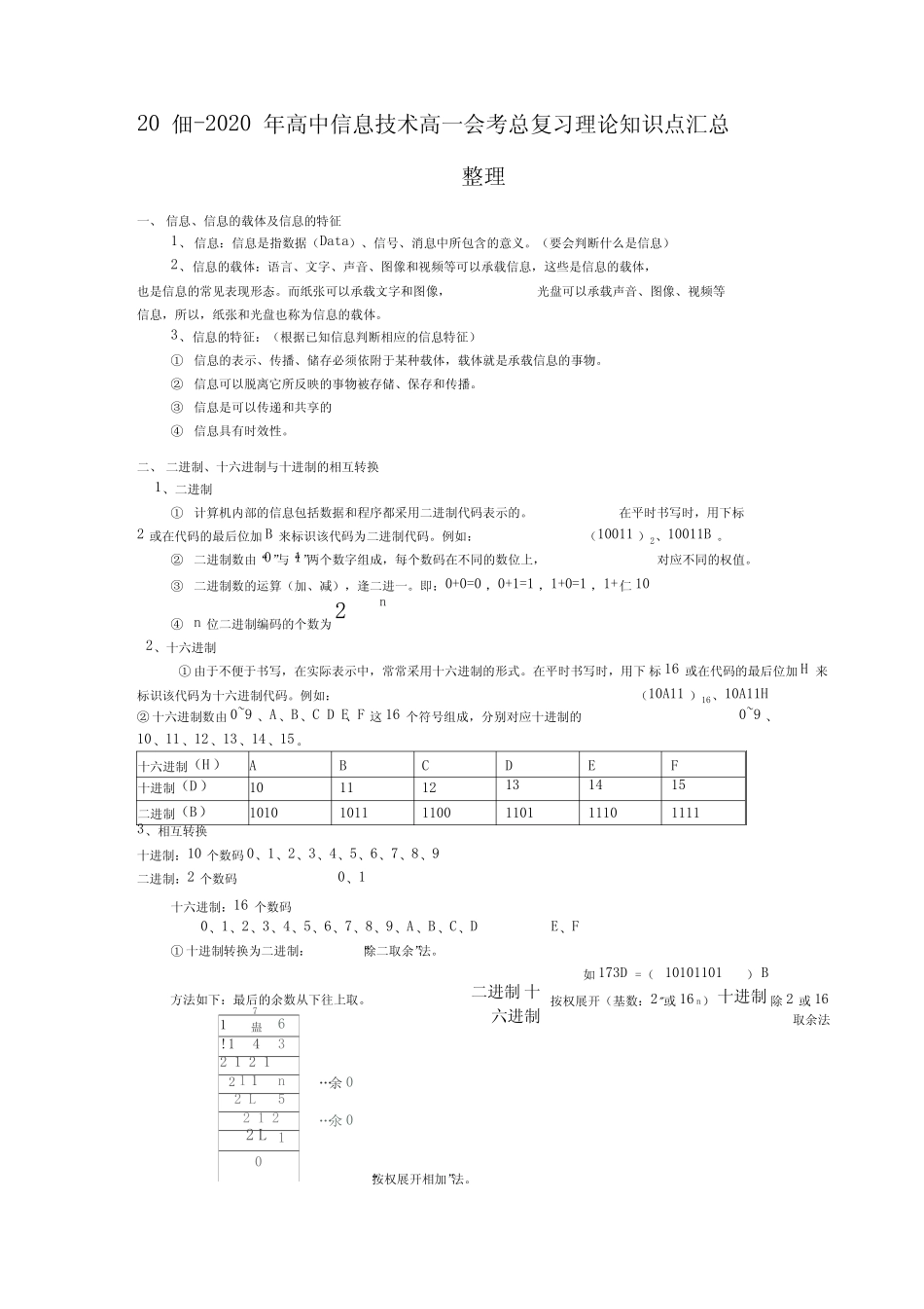 年高中信息技术高一会考总复习理论知识点汇总整理 _第1页