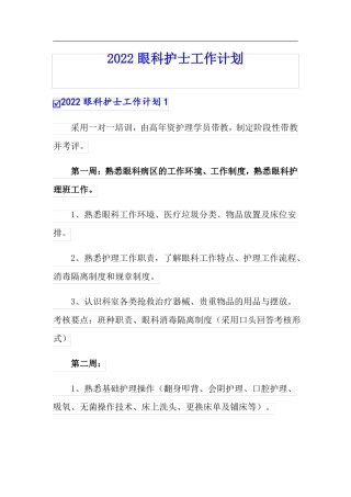 2022眼科护士工作计划