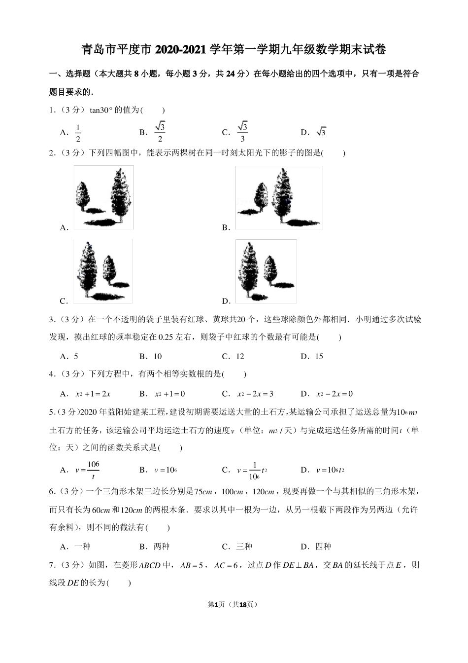 青岛平度2020-2021学年第一学期九年级数学期末试卷_第1页