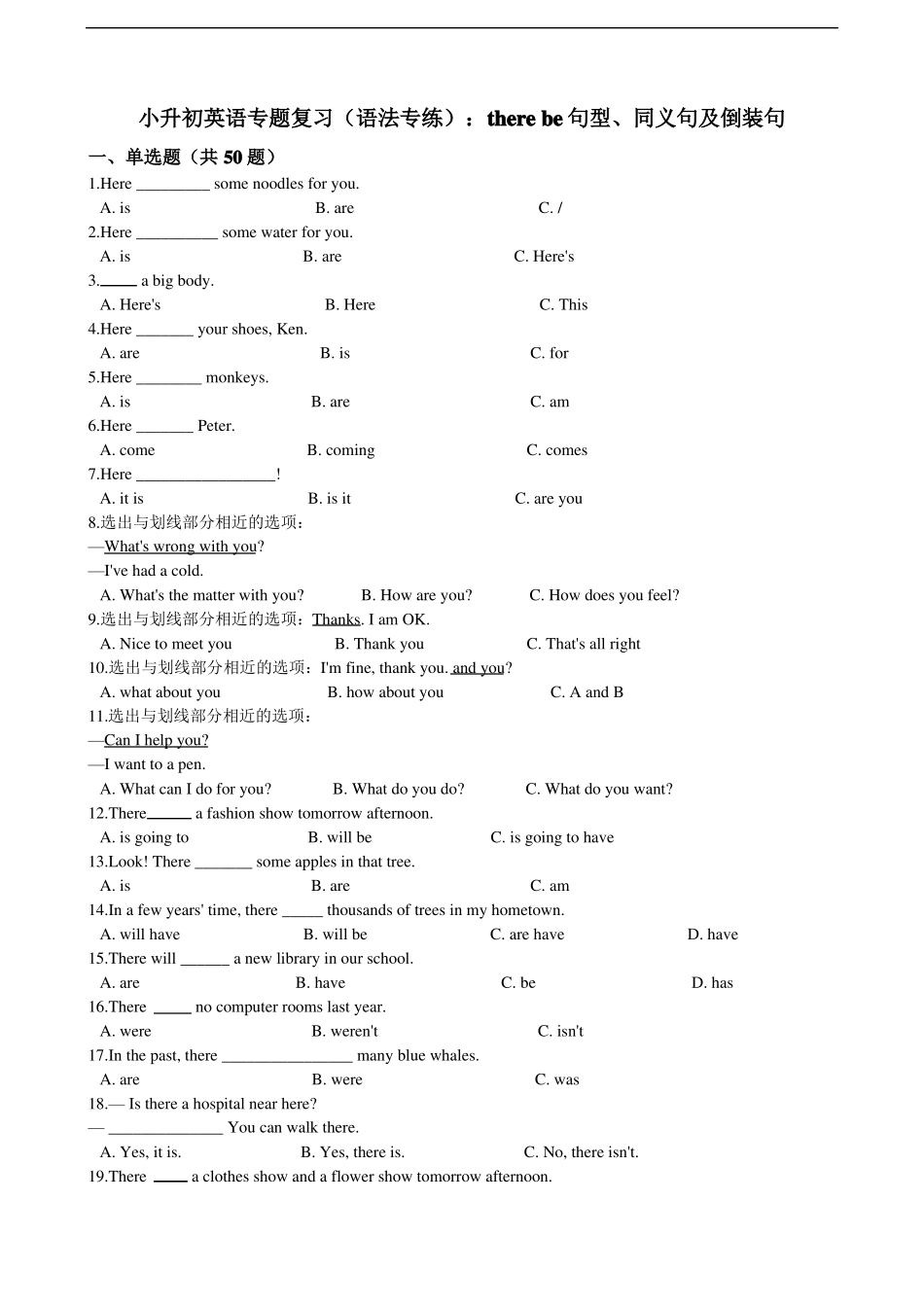 小升初英语专题复习语法专练therebe句型同义句及倒装句_第1页