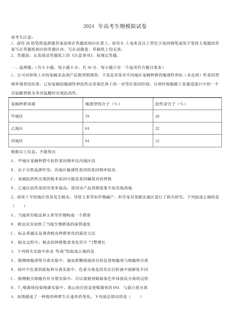 山东省临沂第一中学2024届高考考前模拟生物试题含解析 _第1页