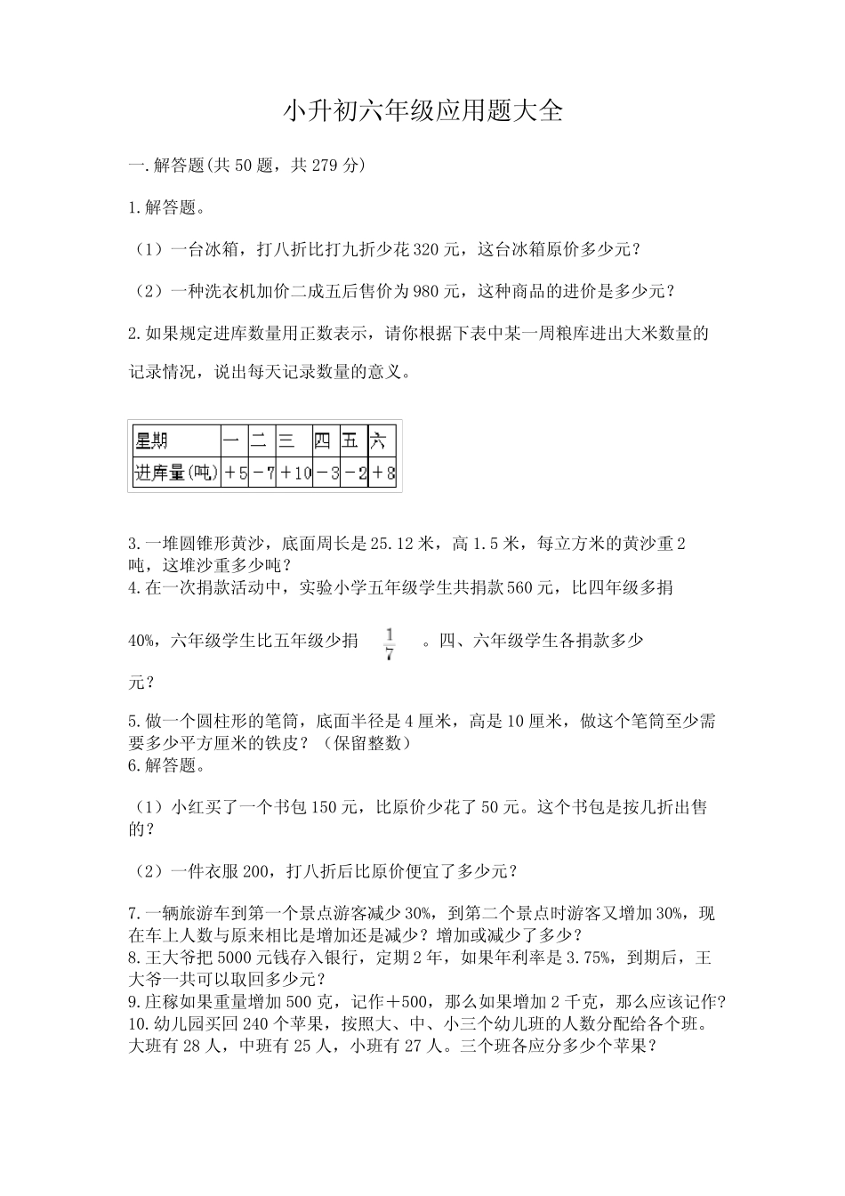 小升初六年级应用题大全附完整答案(易错题) _第1页