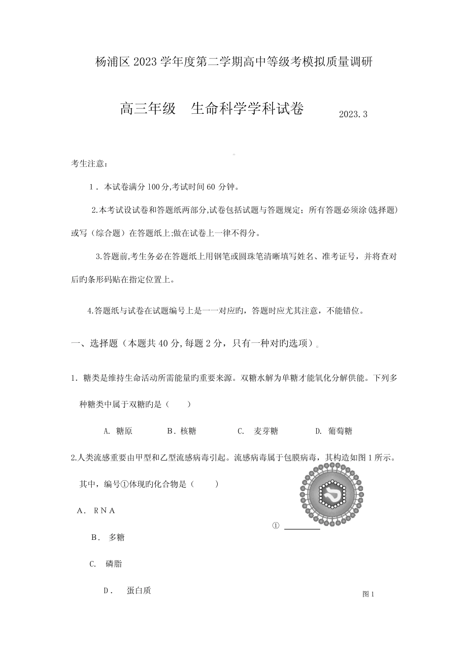 2023年杨浦区生命科学等级考二模试卷 _第1页