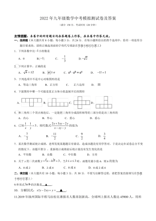 2022年九年级数学中考模拟测试卷及答案