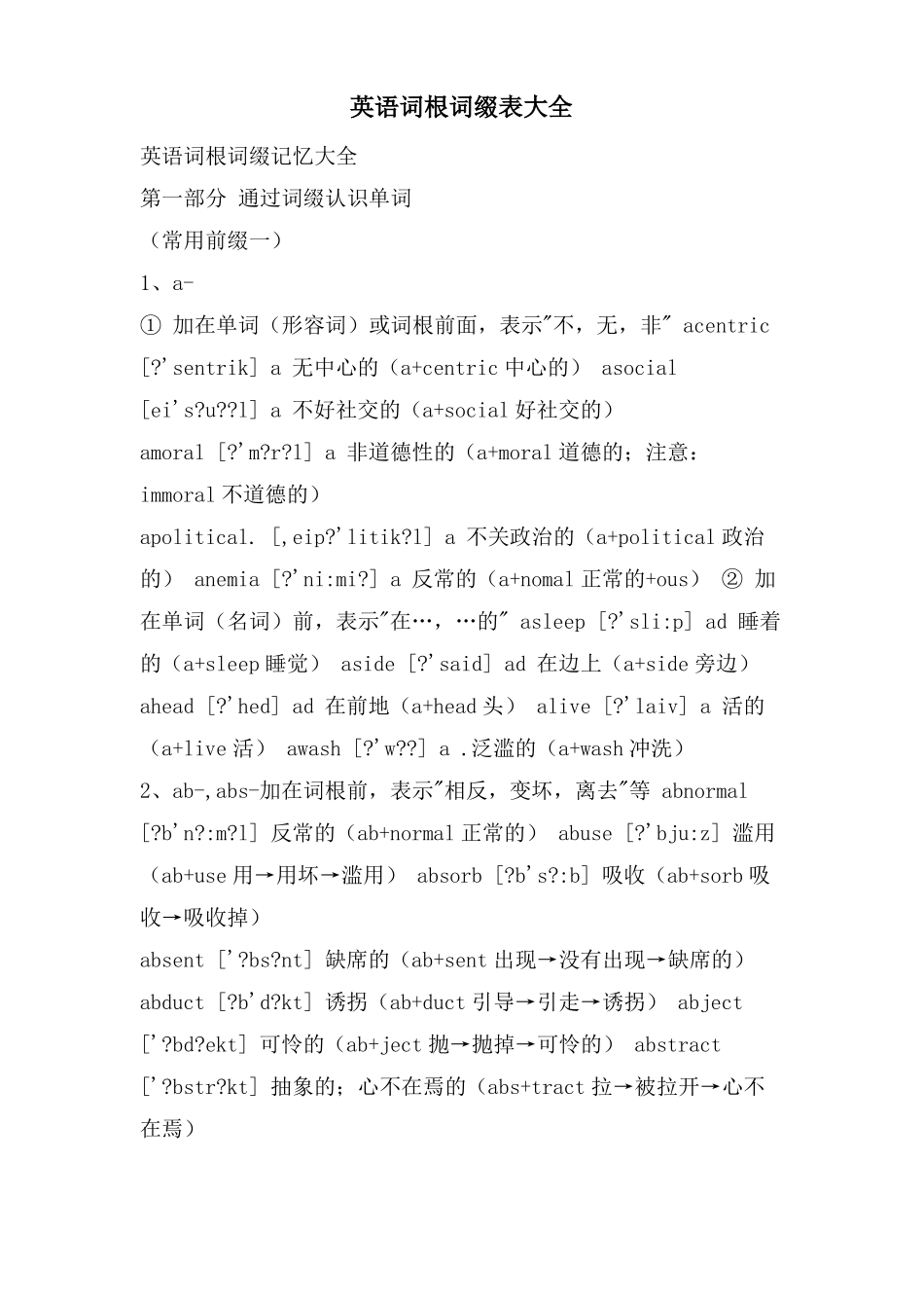 英语词根词缀表大全_第1页