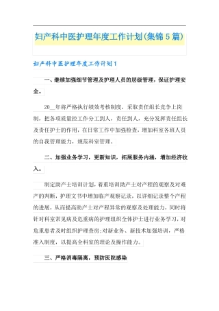妇产科中医护理年工作计划集锦5篇