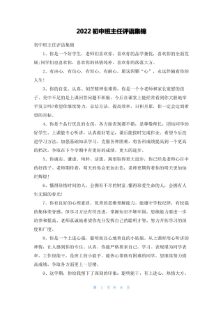 2022初中班主任评语集锦