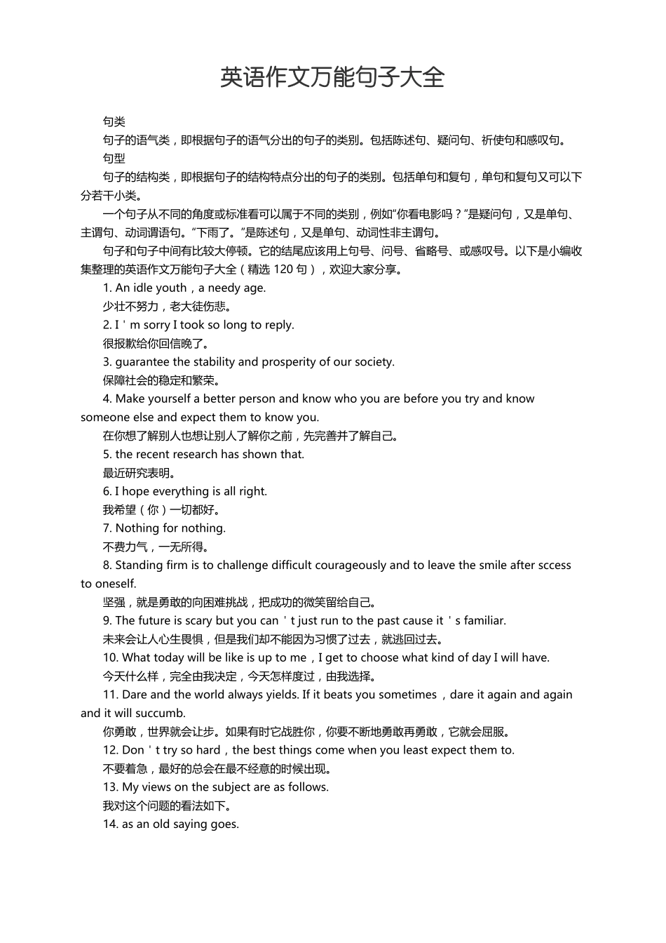 英语作文万能句子大全精选120句_第1页
