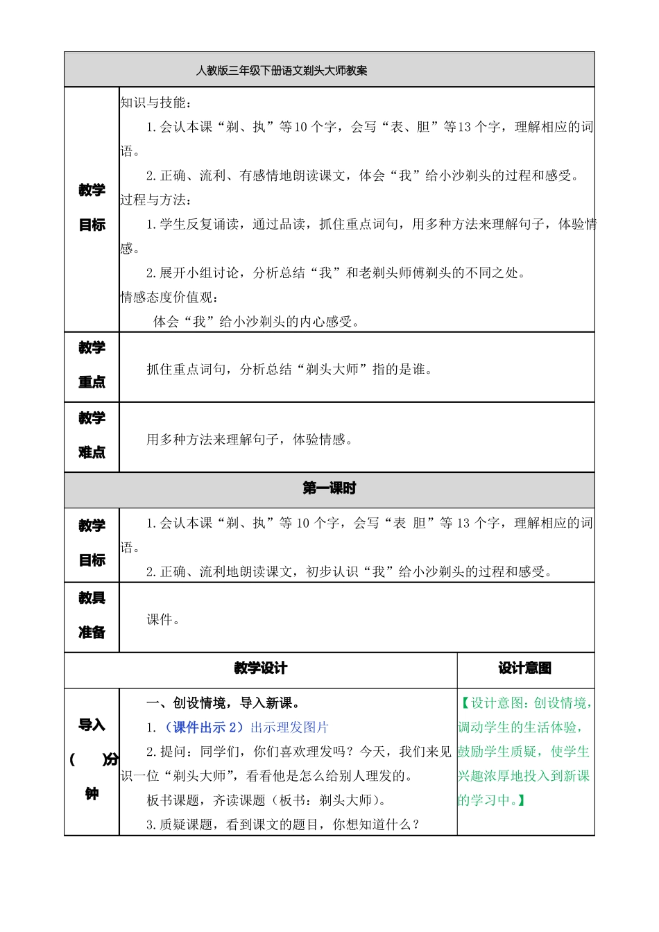 人教版三年级下册语文剃头大师教案_第1页