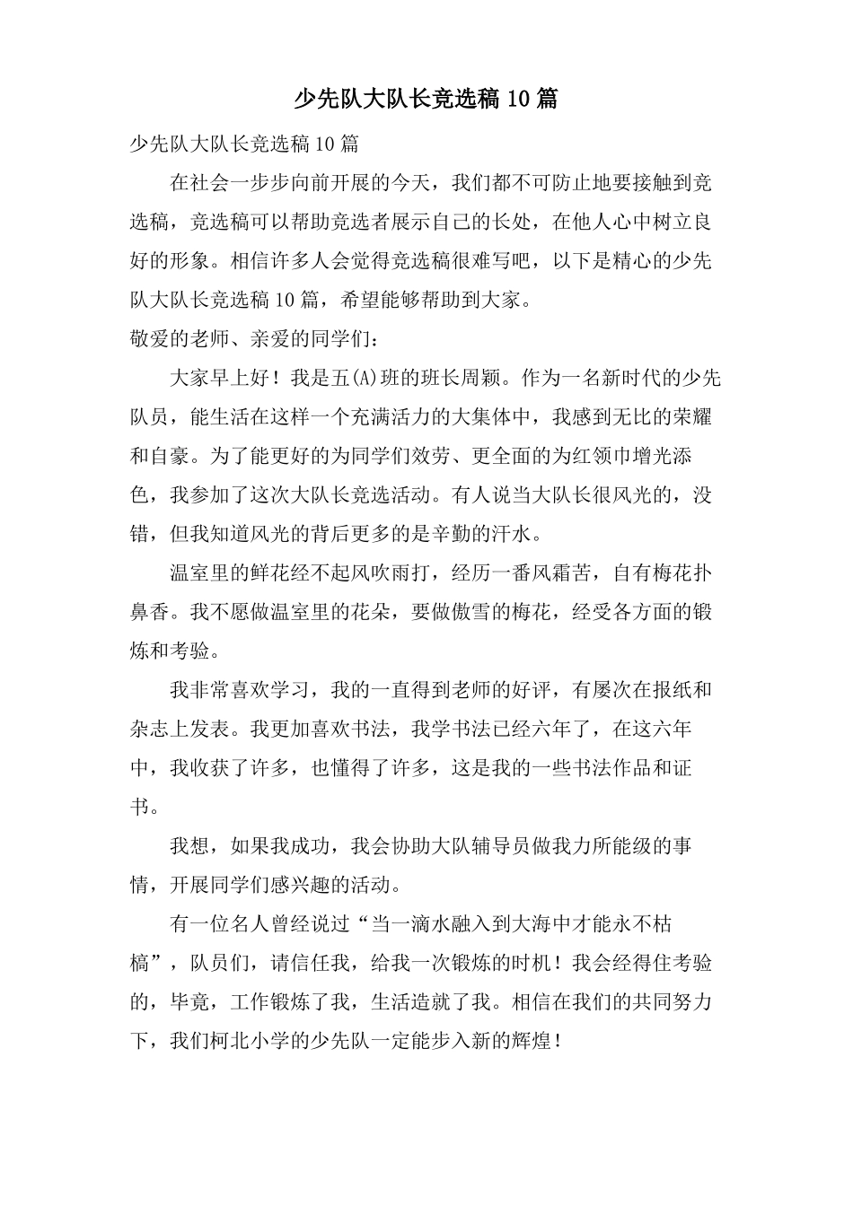少先队大队长竞选稿10篇_第1页