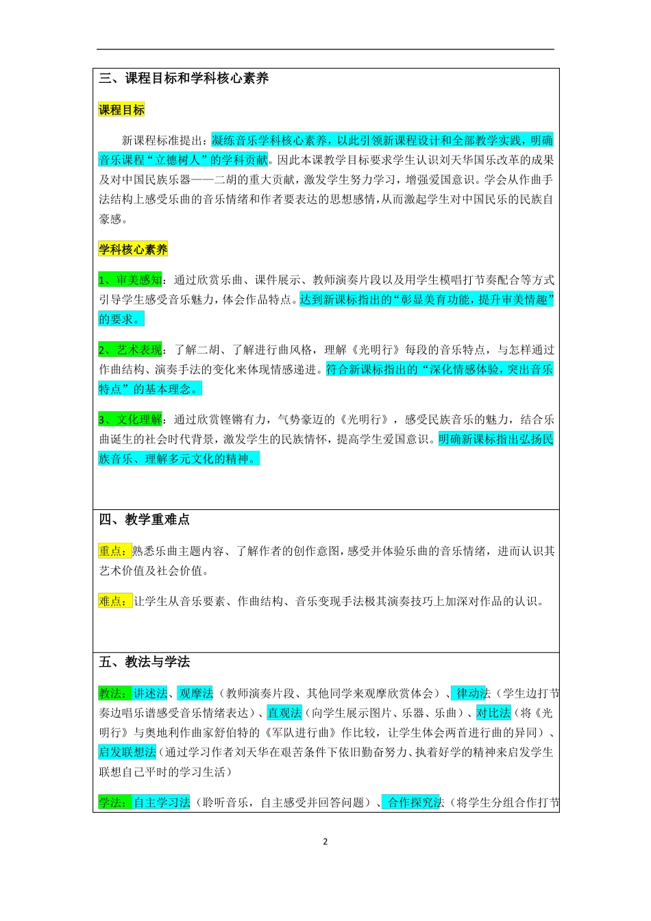 人教版高中音乐鉴赏光明行教学设计新课标_第2页