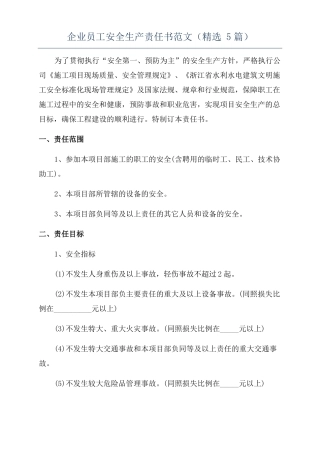 企业员工安全生产责任书范文精选5篇