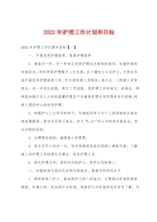 2022年护理工作计划和目标