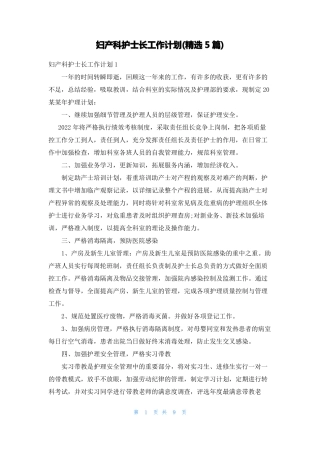 妇产科护士长工作计划精选5篇