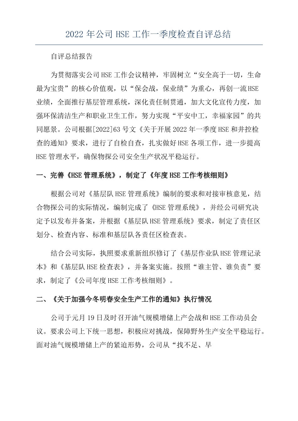 2022年公司HSE工作一季度检查自评总结_第1页