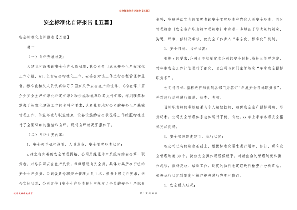 安全标准化自评报告五篇_第1页